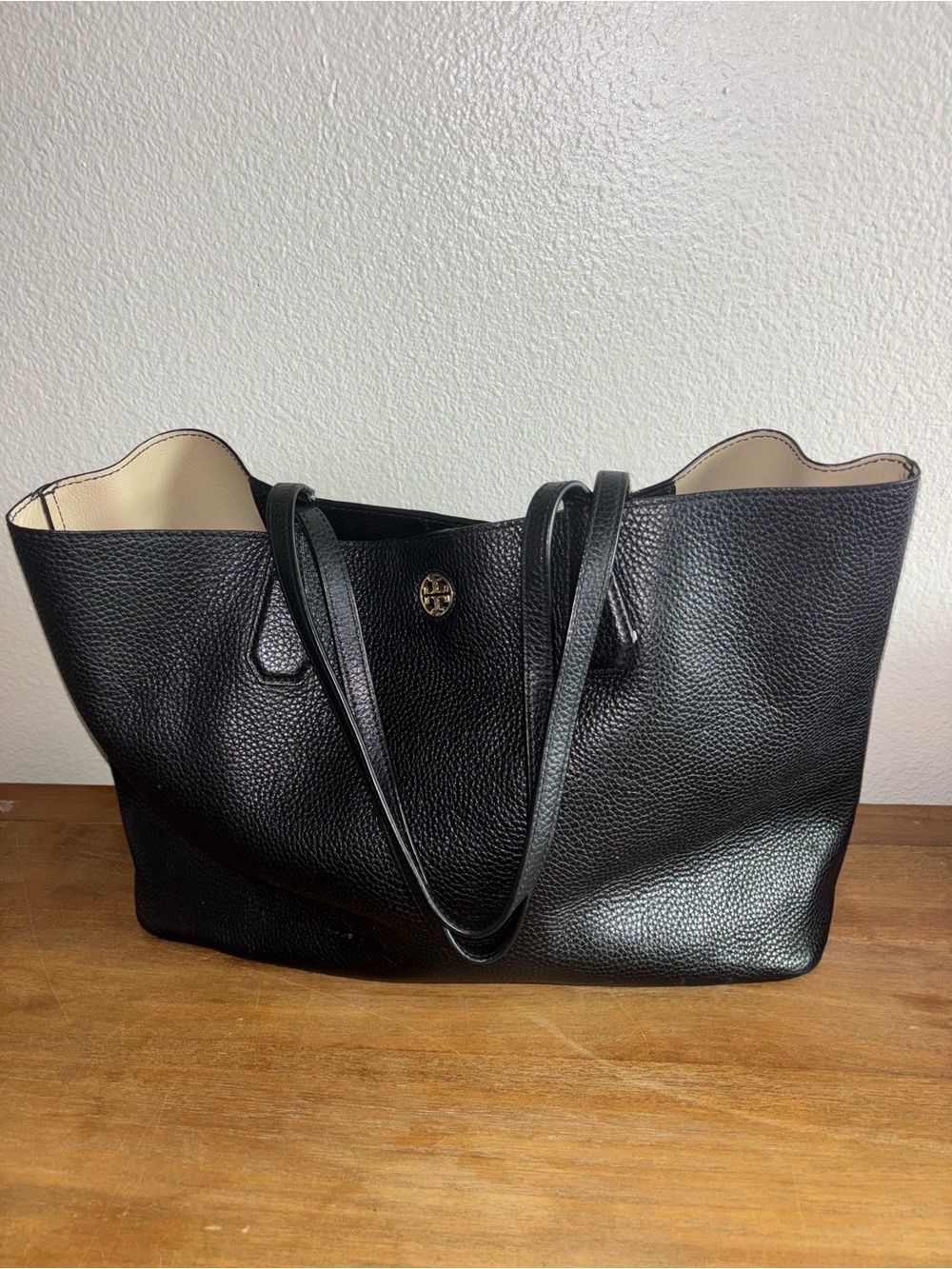 Tory Burch Black Pebbled Leather Reversible Tote with Cream Lining